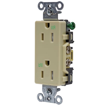 Hubbell Wiring Device-Kellems Straight Blade Receptacle, 5-15R, 15 A, 125V AC, 2 Pole, 3 Wire, Flush Mount, Grounded DR15IWRTR